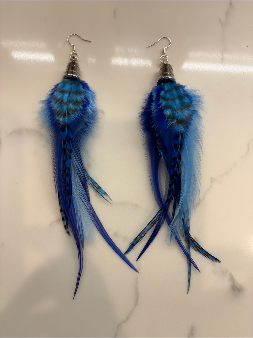 Blue Feather Drop Earrings with Silver Hooks